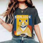 Unisex Coffee Cat Bonjour Printed Washed Tee