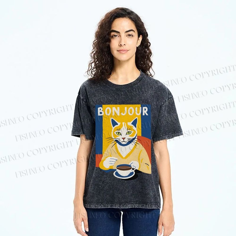 Unisex Coffee Cat Bonjour Printed Washed Tee