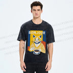 Unisex Coffee Cat Bonjour Printed Washed Tee
