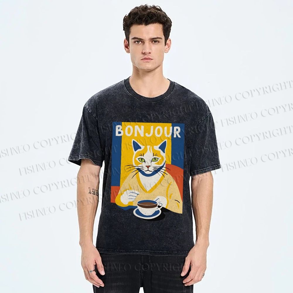 Unisex Coffee Cat Bonjour Printed Washed Tee