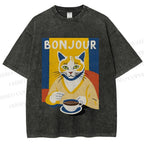 Unisex Coffee Cat Bonjour Printed Washed Tee