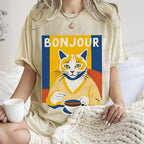 Unisex Coffee Cat Bonjour Printed Washed Tee