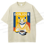 Unisex Coffee Cat Bonjour Printed Washed Tee