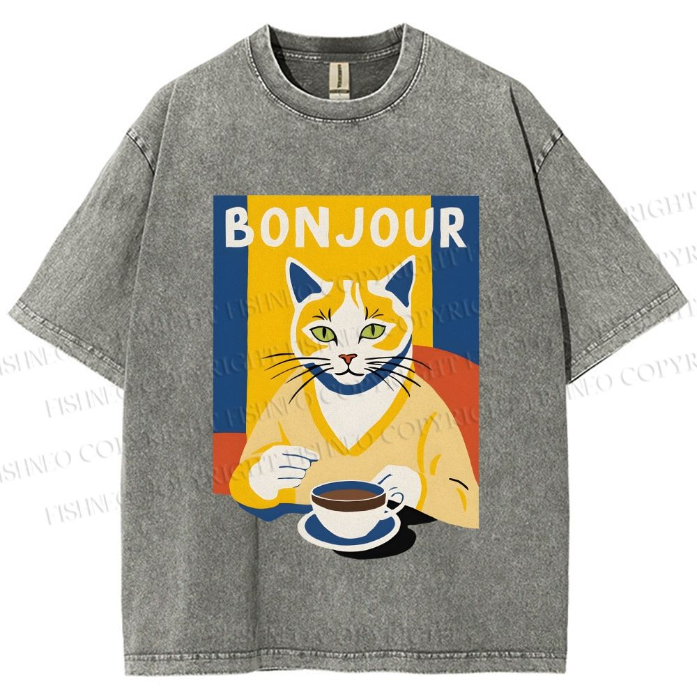 Unisex Coffee Cat Bonjour Printed Washed Tee