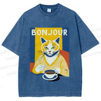 Unisex Coffee Cat Bonjour Printed Washed Tee
