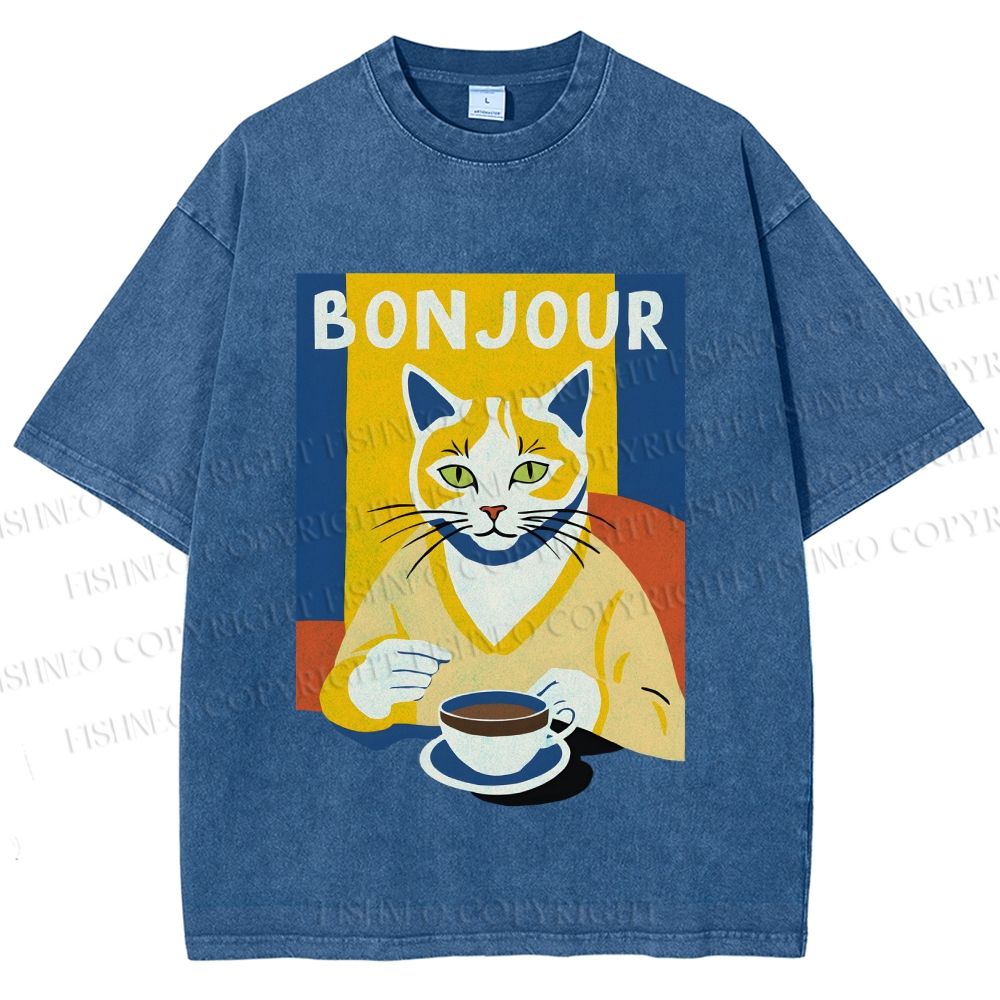 Unisex Coffee Cat Bonjour Printed Washed Tee