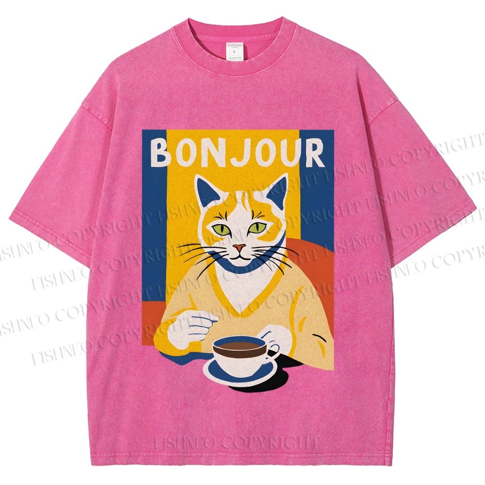 Unisex Coffee Cat Bonjour Printed Washed Tee