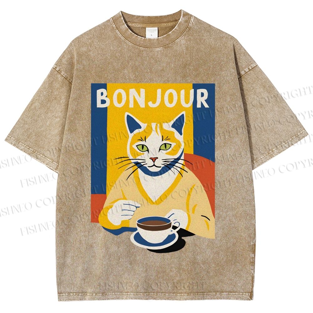 Unisex Coffee Cat Bonjour Printed Washed Tee