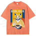 Unisex Coffee Cat Bonjour Printed Washed Tee