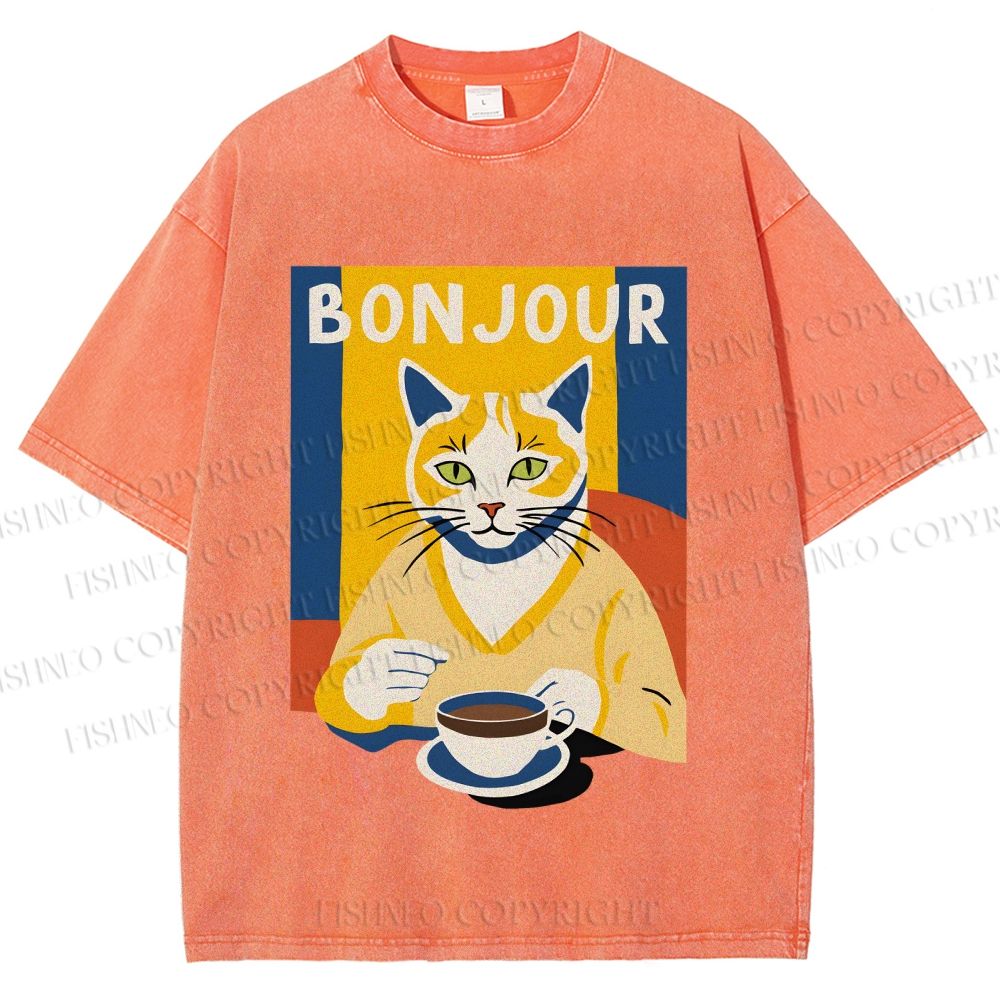 Unisex Coffee Cat Bonjour Printed Washed Tee