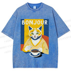 Unisex Coffee Cat Bonjour Printed Washed Tee