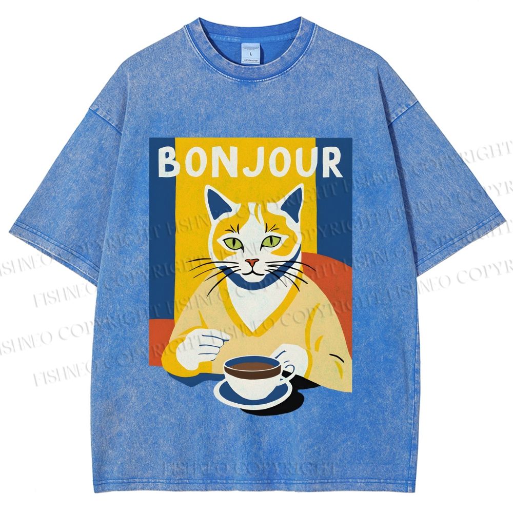 Unisex Coffee Cat Bonjour Printed Washed Tee