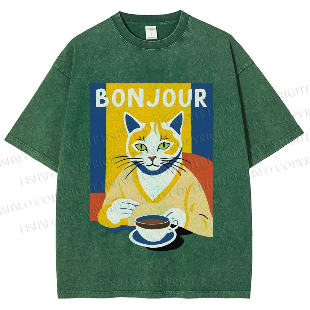 Unisex Coffee Cat Bonjour Printed Washed Tee
