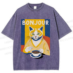 Unisex Coffee Cat Bonjour Printed Washed Tee
