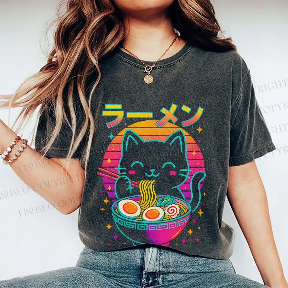 Unisex Japanese Shinning Cat Having Noodle Printed Washed Tee