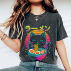 Unisex Japanese Shinning Cat Having Noodle Printed Washed Tee