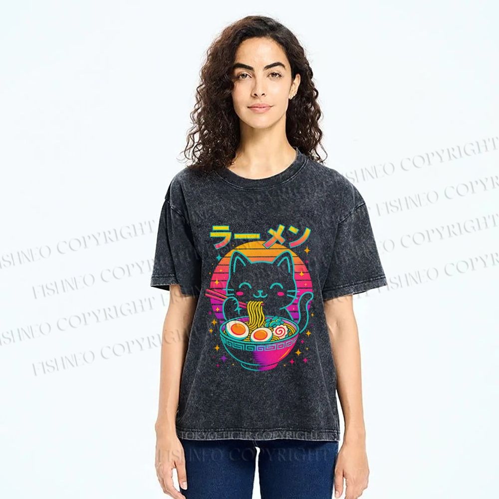 Unisex Japanese Shinning Cat Having Noodle Printed Washed Tee
