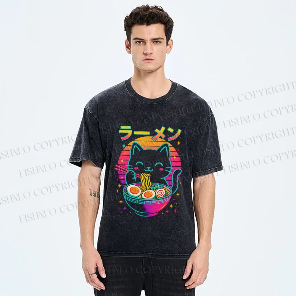 Unisex Japanese Shinning Cat Having Noodle Printed Washed Tee