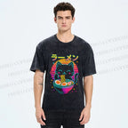 Unisex Japanese Shinning Cat Having Noodle Printed Washed Tee