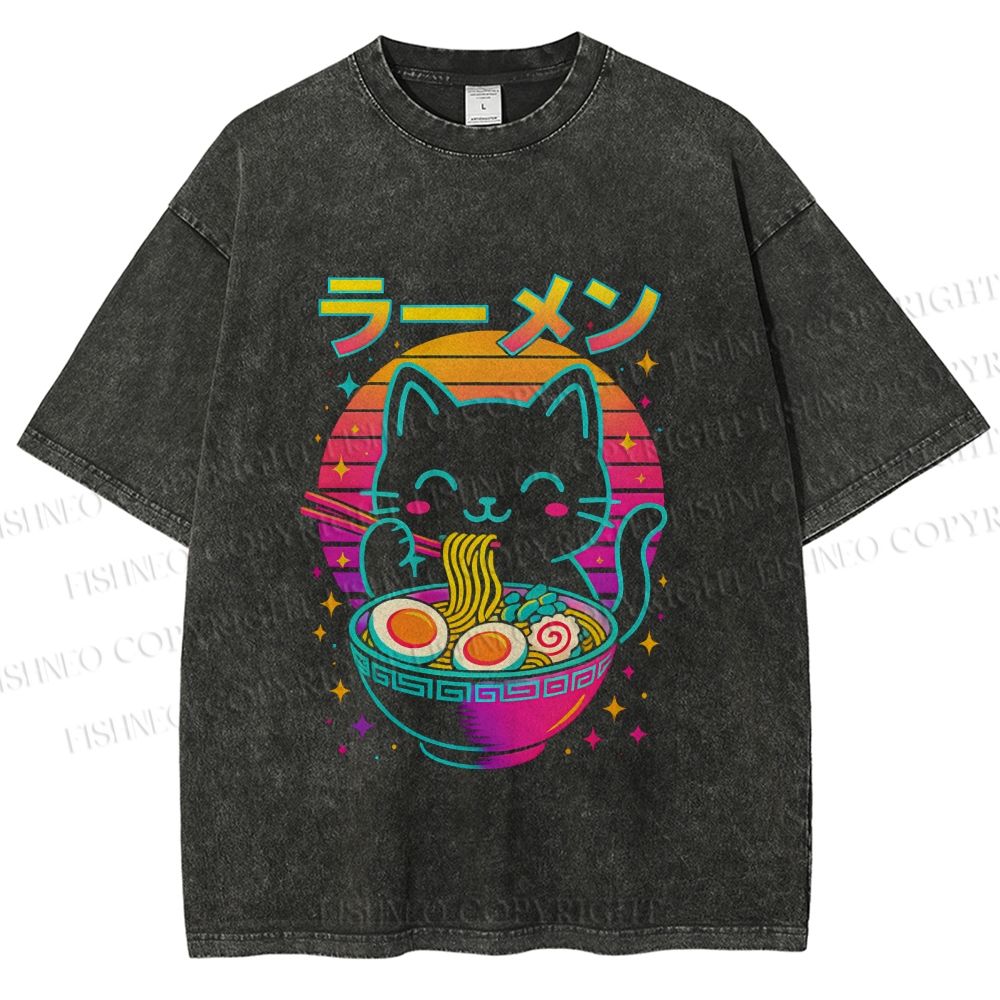 Unisex Japanese Shinning Cat Having Noodle Printed Washed Tee