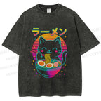 Unisex Japanese Shinning Cat Having Noodle Printed Washed Tee