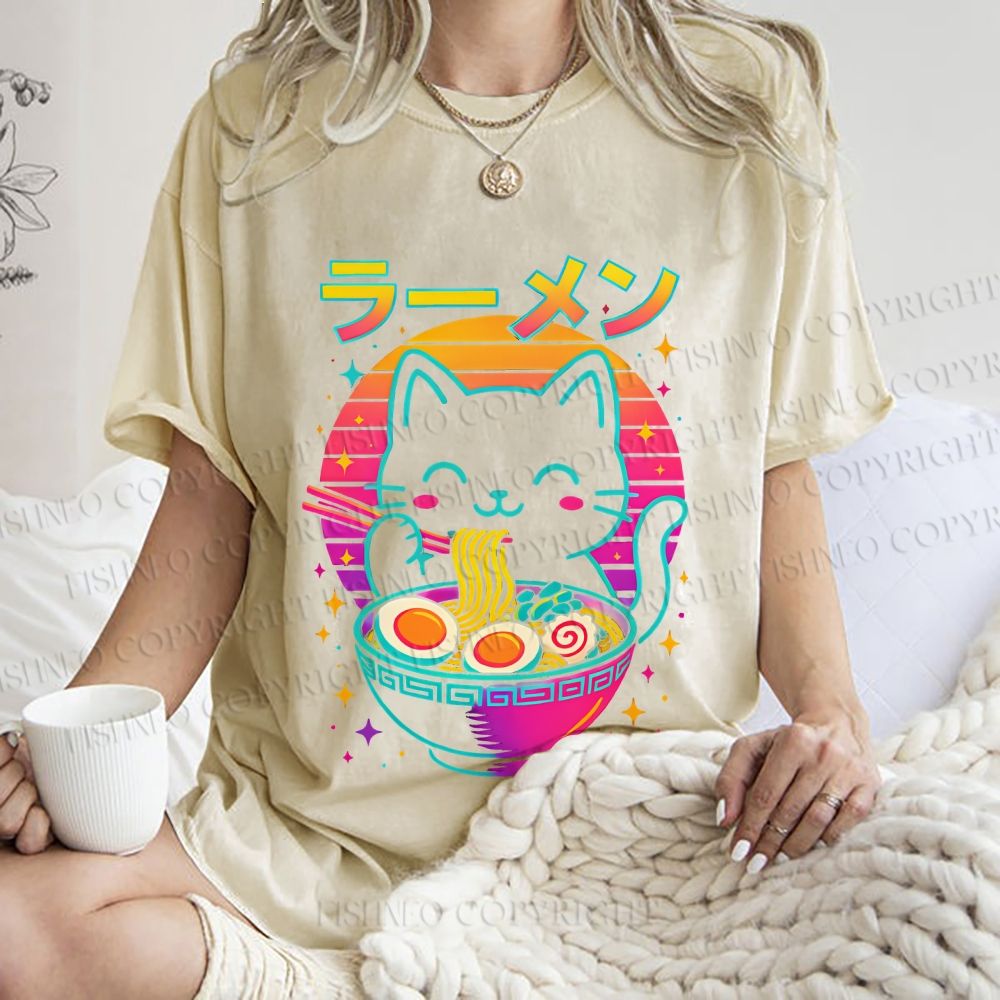 Unisex Japanese Shinning Cat Having Noodle Printed Washed Tee