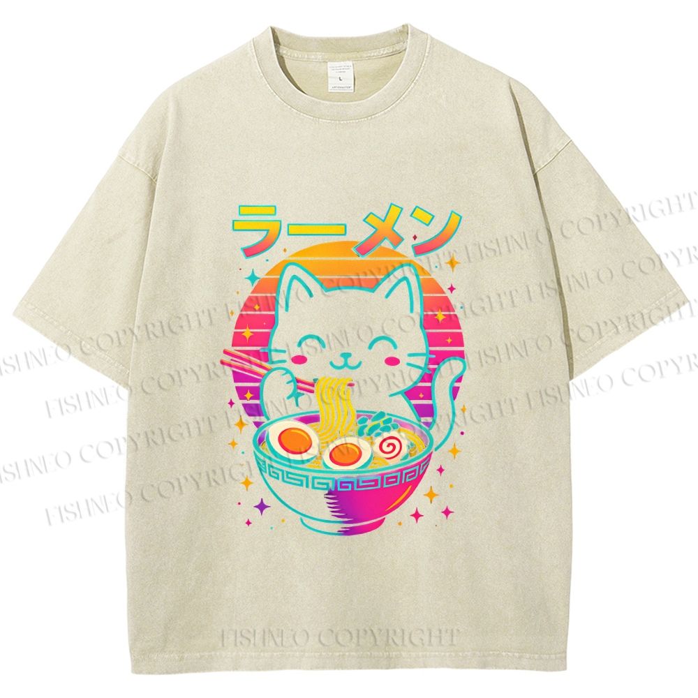 Unisex Japanese Shinning Cat Having Noodle Printed Washed Tee