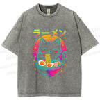 Unisex Japanese Shinning Cat Having Noodle Printed Washed Tee