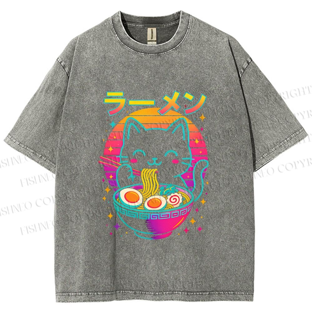 Unisex Japanese Shinning Cat Having Noodle Printed Washed Tee