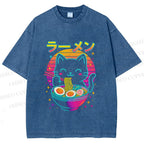 Unisex Japanese Shinning Cat Having Noodle Printed Washed Tee