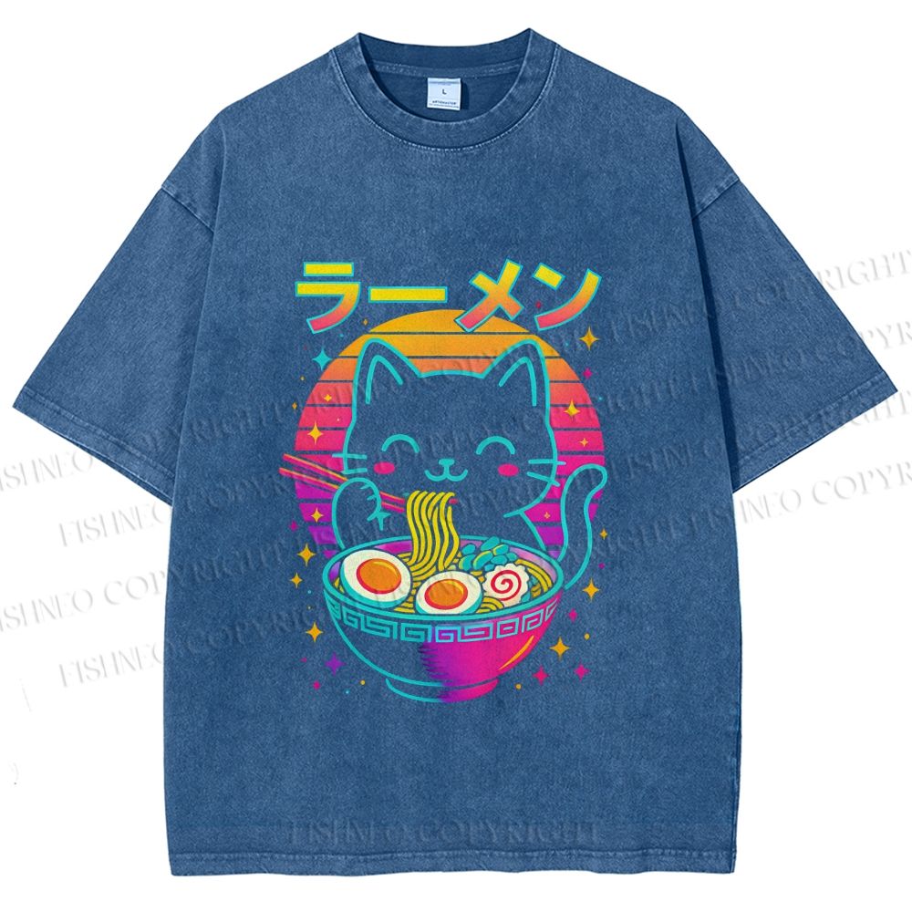 Unisex Japanese Shinning Cat Having Noodle Printed Washed Tee