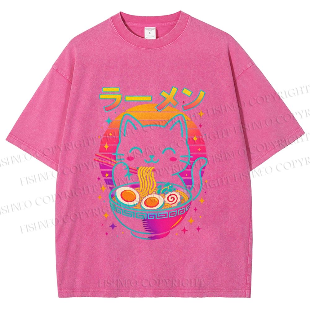 Unisex Japanese Shinning Cat Having Noodle Printed Washed Tee