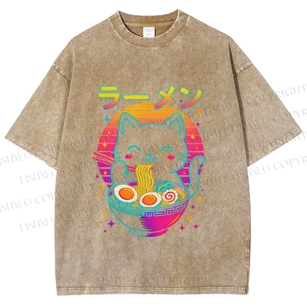 Unisex Japanese Shinning Cat Having Noodle Printed Washed Tee