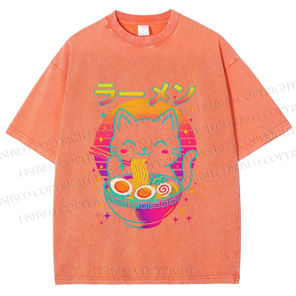 Unisex Japanese Shinning Cat Having Noodle Printed Washed Tee