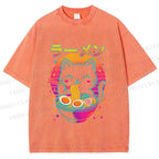 Unisex Japanese Shinning Cat Having Noodle Printed Washed Tee