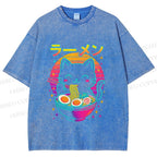 Unisex Japanese Shinning Cat Having Noodle Printed Washed Tee