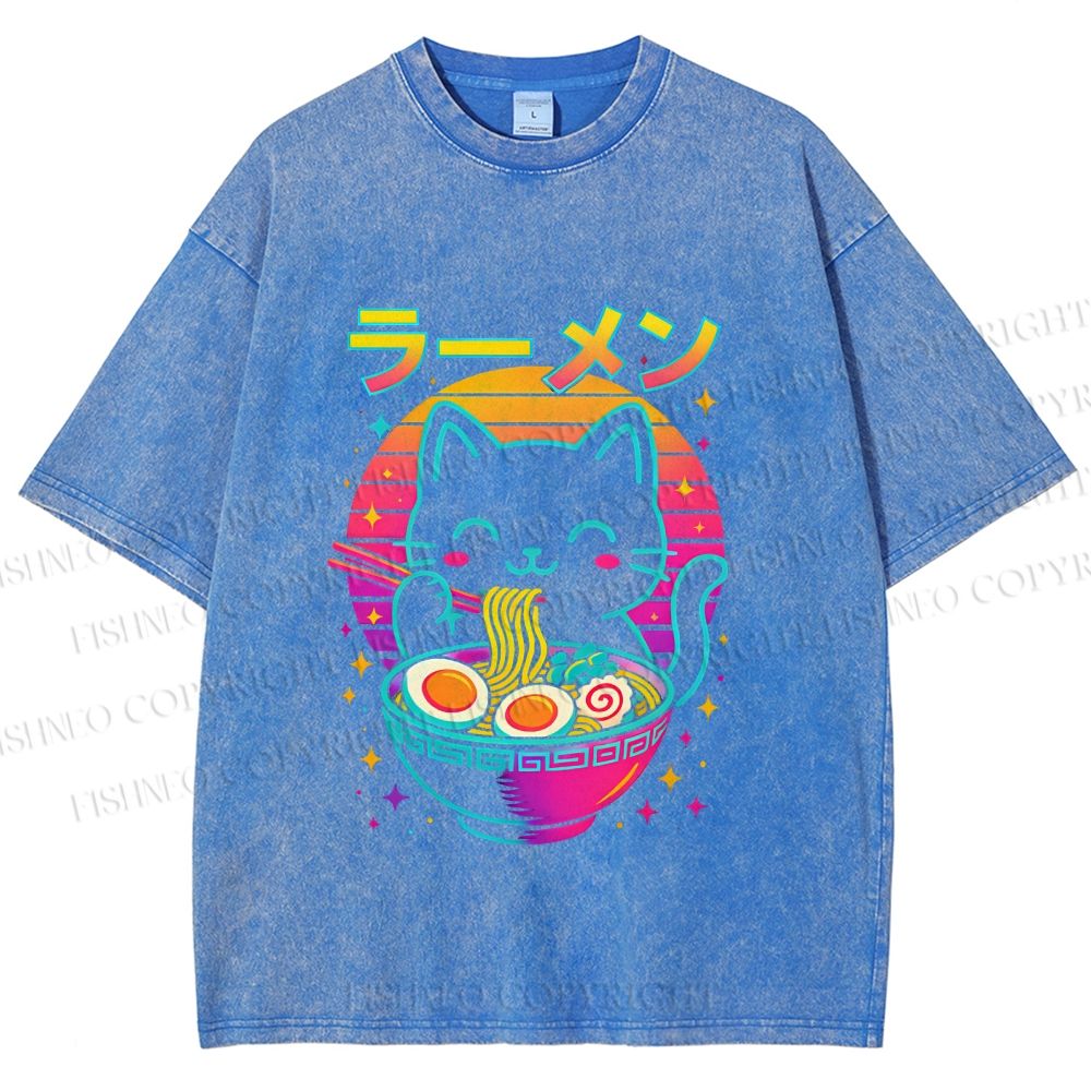Unisex Japanese Shinning Cat Having Noodle Printed Washed Tee