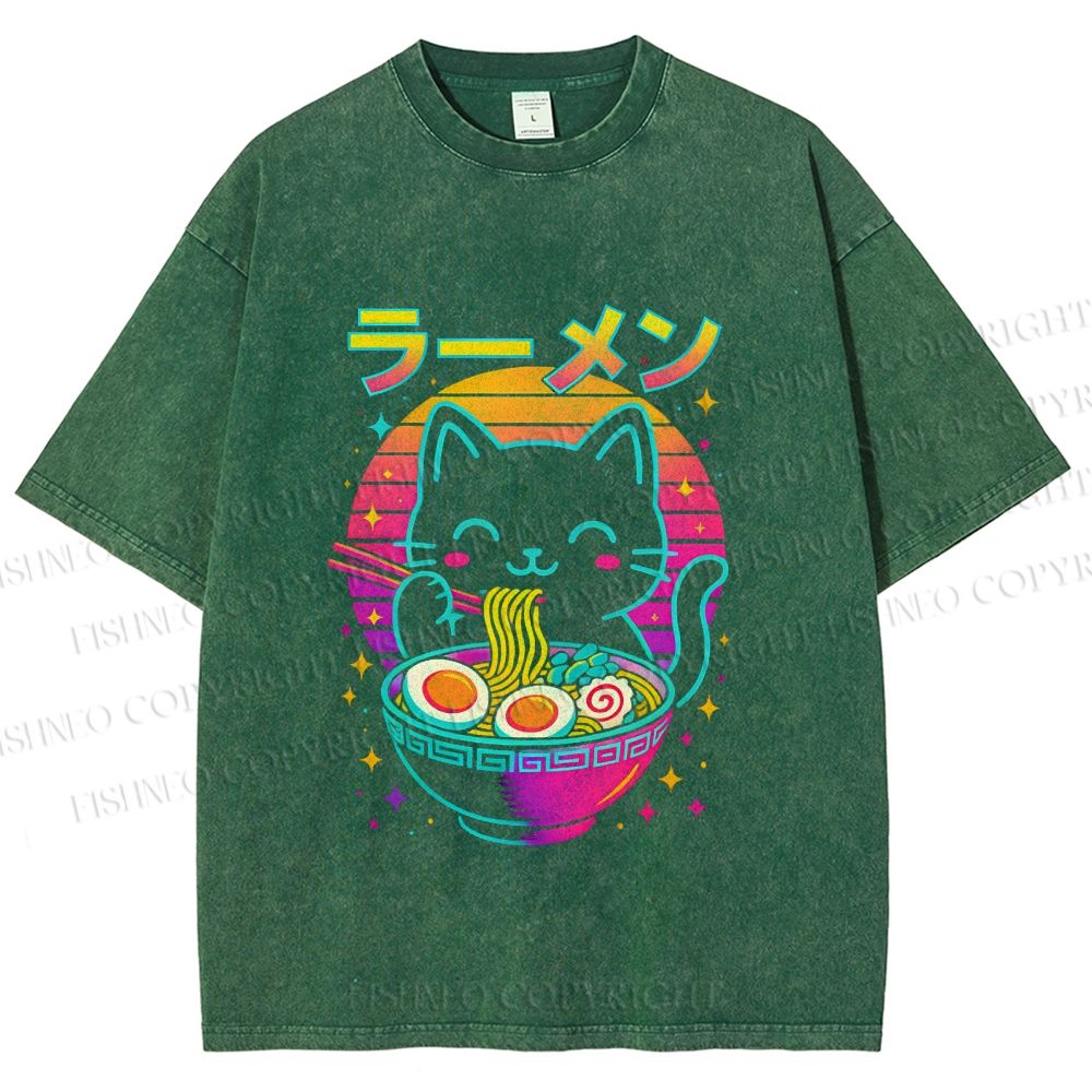 Unisex Japanese Shinning Cat Having Noodle Printed Washed Tee