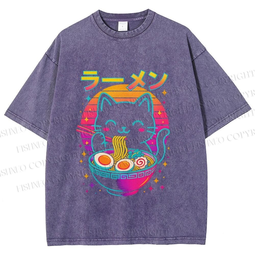 Unisex Japanese Shinning Cat Having Noodle Printed Washed Tee