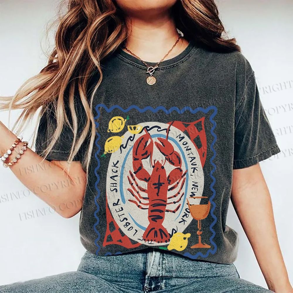 Unisex Cartoon Lobster Graffiti Printed Washed Tee