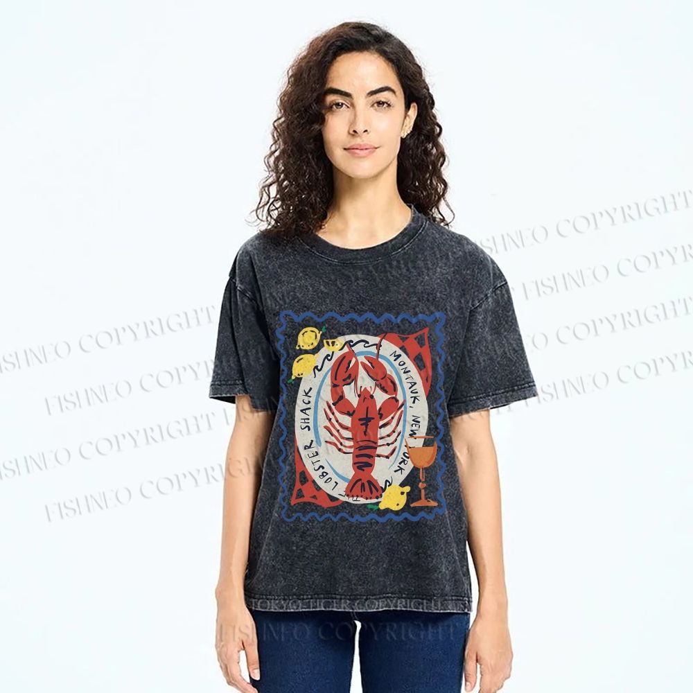 Unisex Cartoon Lobster Graffiti Printed Washed Tee