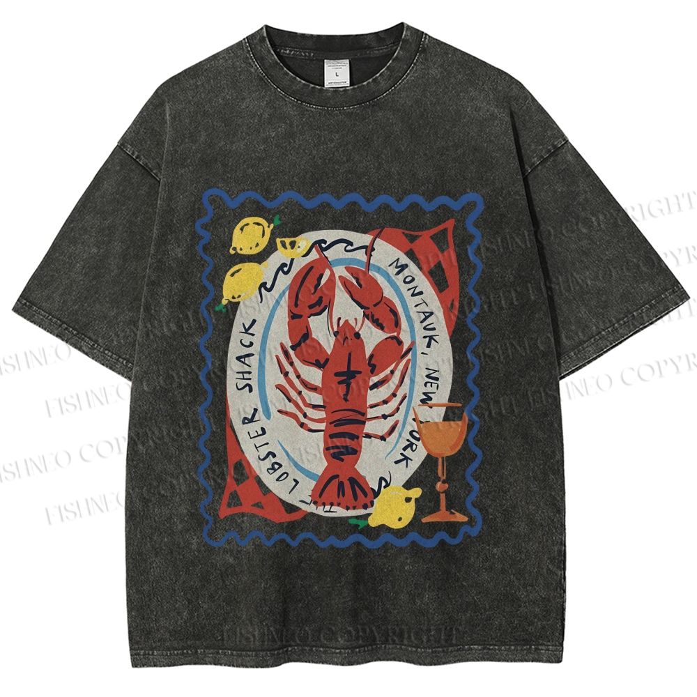 Unisex Cartoon Lobster Graffiti Printed Washed Tee
