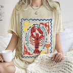 Unisex Cartoon Lobster Graffiti Printed Washed Tee