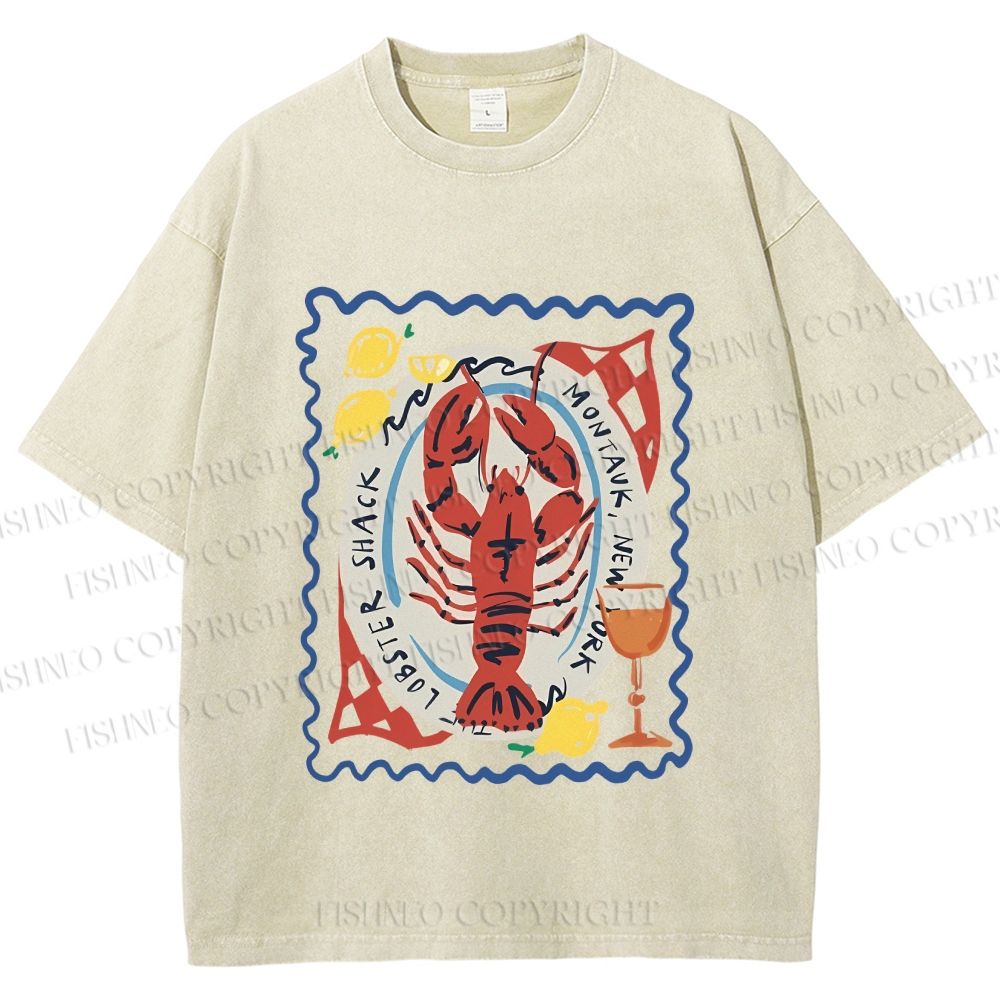 Unisex Cartoon Lobster Graffiti Printed Washed Tee