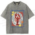 Unisex Cartoon Lobster Graffiti Printed Washed Tee