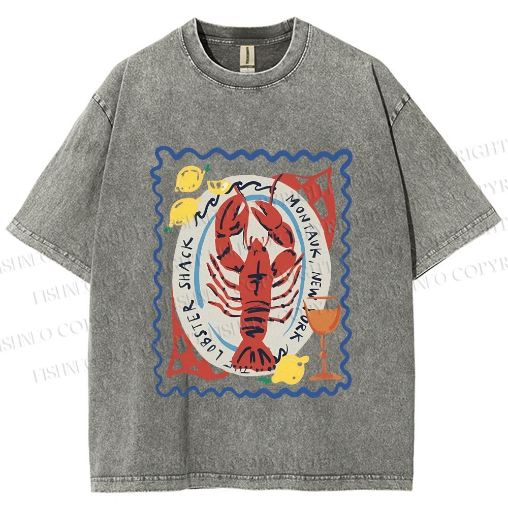 Unisex Cartoon Lobster Graffiti Printed Washed Tee