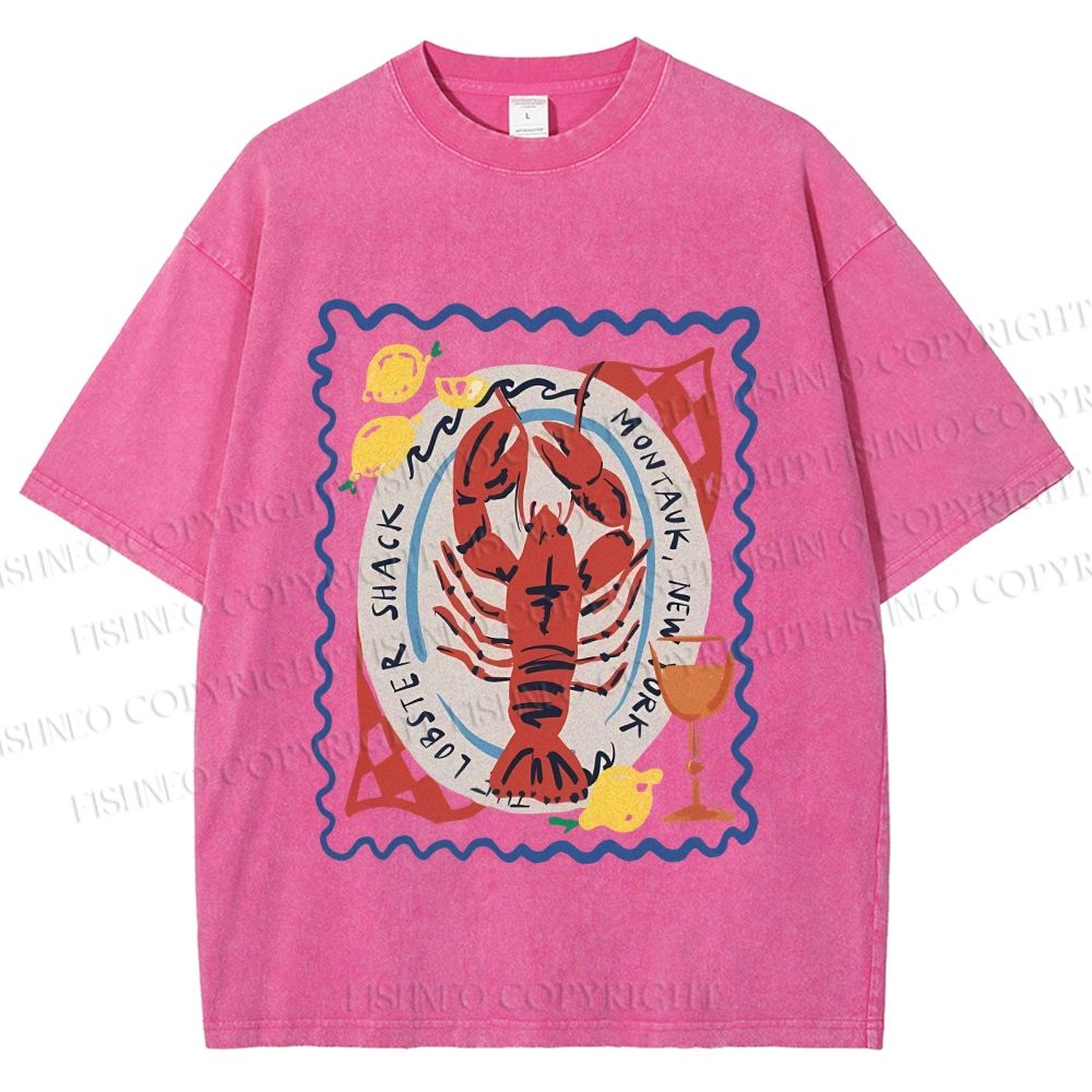 Unisex Cartoon Lobster Graffiti Printed Washed Tee