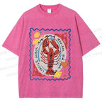 Unisex Cartoon Lobster Graffiti Printed Washed Tee