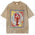Unisex Cartoon Lobster Graffiti Printed Washed Tee