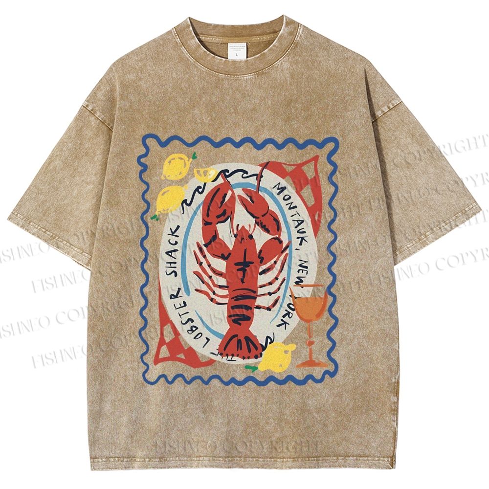 Unisex Cartoon Lobster Graffiti Printed Washed Tee